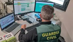Imagen de un guardia civil investigando delitos inform&aacute;ticos.