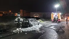 Bomberos del Consorcio de Seguridad y Emergencias junto al veh&iacute;culo consumido por las llamas.