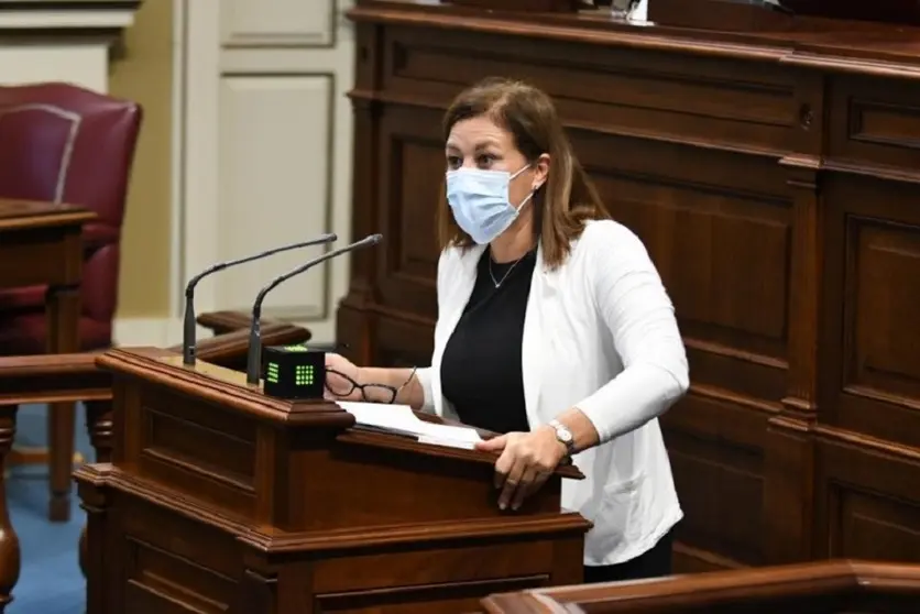 Astrid Pérez durante su intervención en el Parlamento de Canarias.