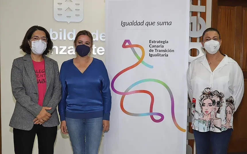Silvia Jaén, María Dolores Corujo y Myriam Barros junto al cartel de la Estrategia Canaria de Transición Igualitaria.