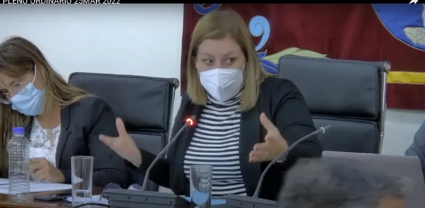 Astrid Pérez durante la retransmisión de un pleno en Arrecife por internet. 