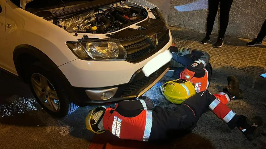 Los bomberos accediendo al interior del vehículo para sacar al animal.