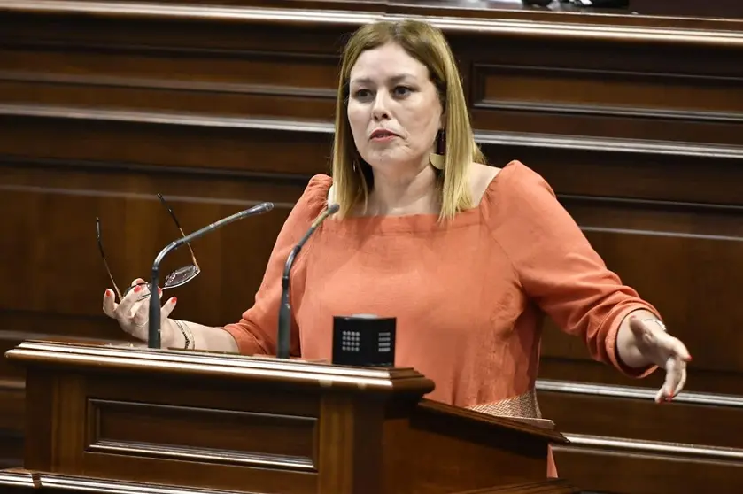 Astrid Pérez durante su intervención en el Parlamento de Canarias.