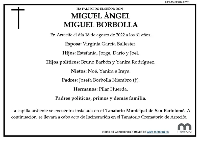 Esquela Miguel Ángel Miguel Borbolla.