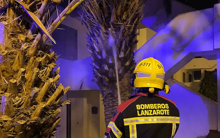 Imagen de los bomberos apagando el incendio en la palmera.
