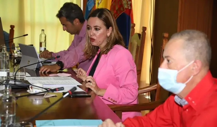 Imagen de María Dolores Corujo junto a Juan Manuel Sosa durante la realización de un pleno del Cabildo.