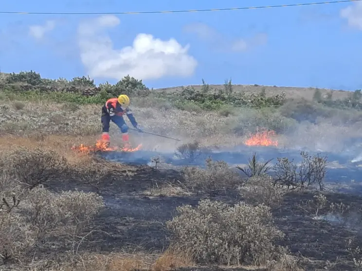 Bomberos apagando el fuego en el arenal.