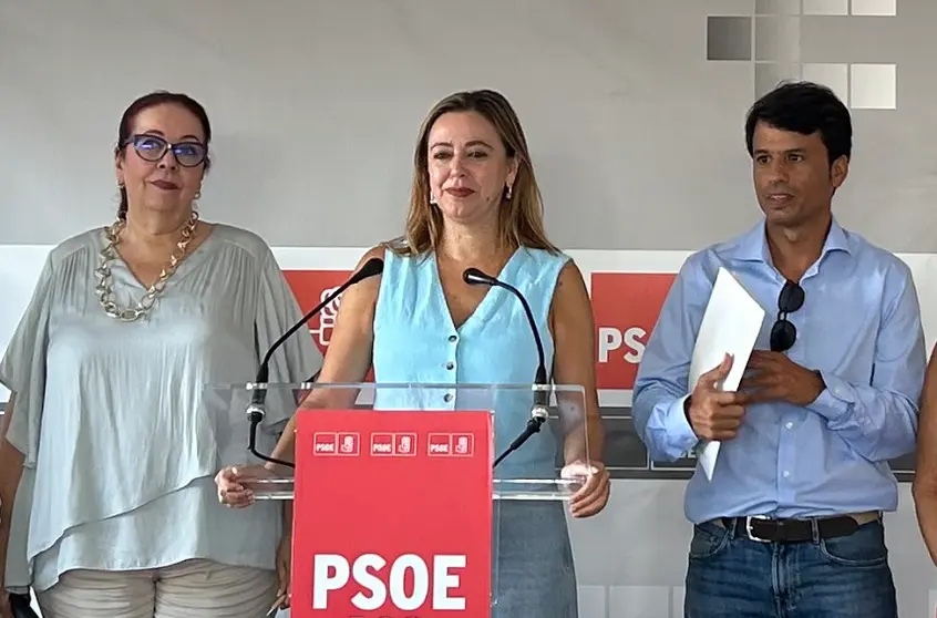 María Dolores Corujo durante su comparecencia ante los medios de comunicación en la sede del PSOE.