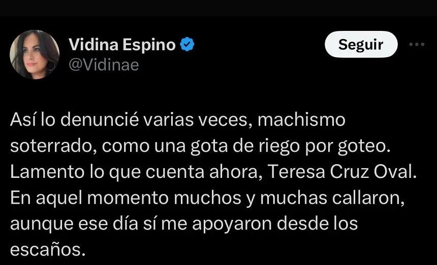 Imagen del tweet donde Vidina Espino recuerda una de sus denuncias y críticas en el Parlamento de Canarias.