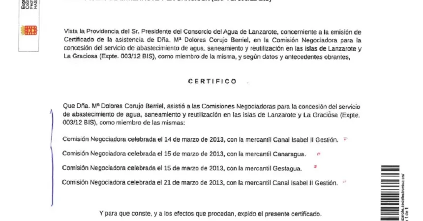 Certificado exhibido por el presidente que demuestra que Corujo estuvo presente en todo el desarrollo de la concesión del ciclo integral del agua a Canal Gestión. 