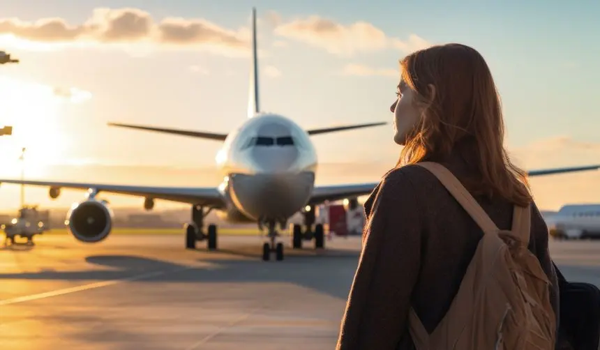 Imagen de una estudiante canaria cogiendo un vuelo.