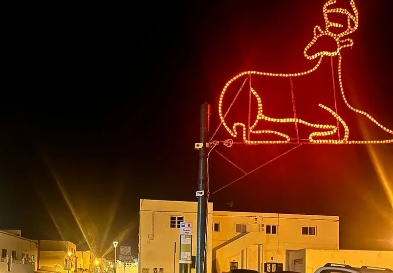 Uno de los adornos navideños todavía iluminado y colocado en  una farola.