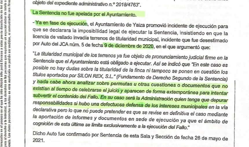 Parte de la sentencia que env&iacute;a CC a este diario en la que subraya lo que considera que evidencia la dejadez del actual alcalde de Yaiza
