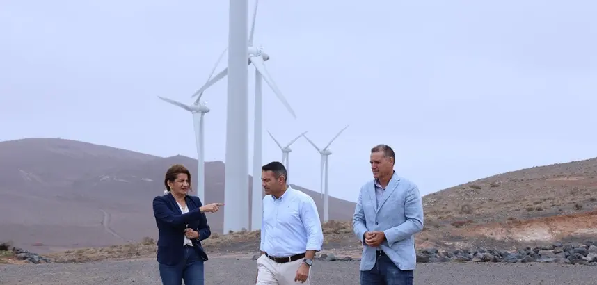 Oswaldo Betancort, Domingo Cejas y Mar&iacute;a Jes&uacute;s Tovar en el parque e&oacute;lico de San Bartolom&eacute;.