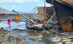 Imagen de otro pesquero que fue robado en Marruecos y termin&oacute; encallado y quemado en las costas de Lanzarote.