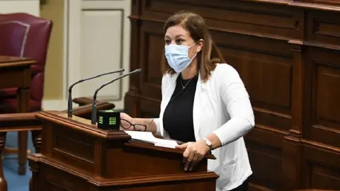 Astrid Pérez durante su intervención en el Parlamento de Canarias.