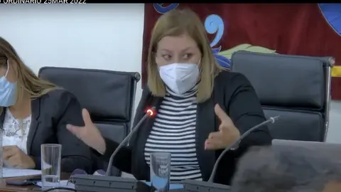 Astrid Pérez durante la retransmisión de un pleno en Arrecife por internet. 
