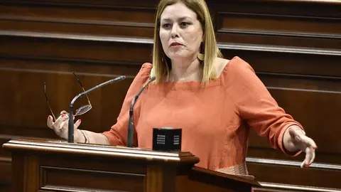 Astrid Pérez durante su intervención en el Parlamento de Canarias.