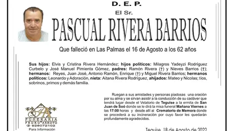 Esquela Pascual Rivera Barrios.