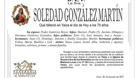 Esquela Soledad González Martín. 