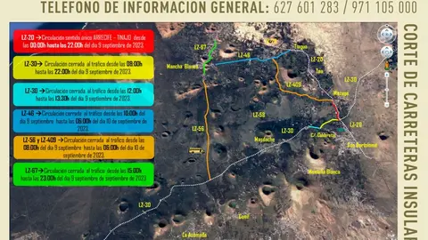 Imagen de los cortes de carreteras programados por el Cabildo. 