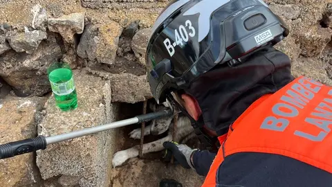 Un bomberos ayuda al perro atrapado en un aljibe en Arrecife.