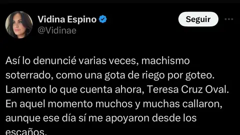 Imagen del tweet donde Vidina Espino recuerda una de sus denuncias y críticas en el Parlamento de Canarias.
