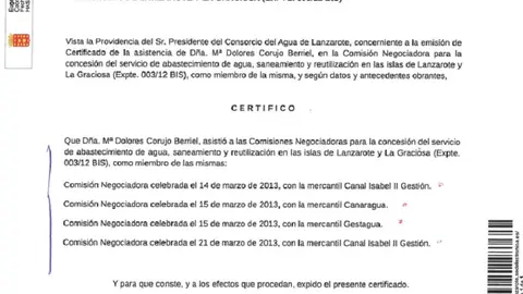 Certificado exhibido por el presidente que demuestra que Corujo estuvo presente en todo el desarrollo de la concesión del ciclo integral del agua a Canal Gestión. 