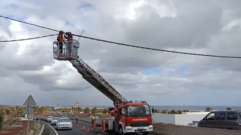 Imagen de los bomberos del Consorcio de Seguridad y Emergencias colocando el cableado.