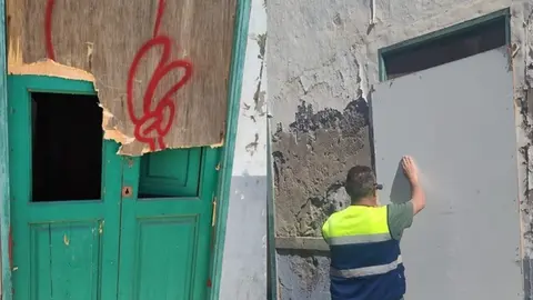Imagen de la puerta forzada por los okupas, y un operario del Ayuntamiento de Arrecife tapiando la puerta forzada.