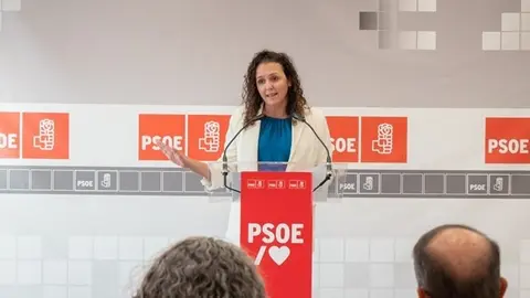 Begoña Hernández en una comparecencia ante los medios en la sede del PSOE.