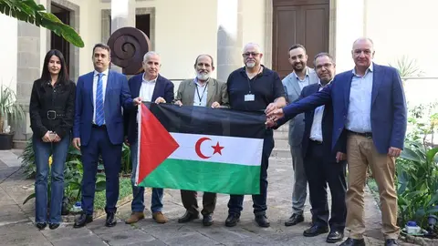 Imagen de los representantes de los grupos parlamentarios en Canarias, todos menos VOX, con los representantes del Frente Polisario.