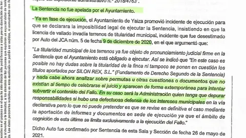 Parte de la sentencia que env&iacute;a CC a este diario en la que subraya lo que considera que evidencia la dejadez del actual alcalde de Yaiza