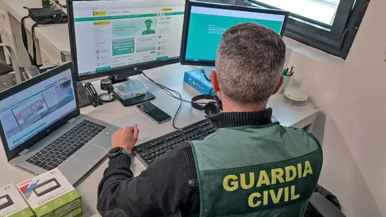 Imagen de un guardia civil investigando delitos inform&aacute;ticos.