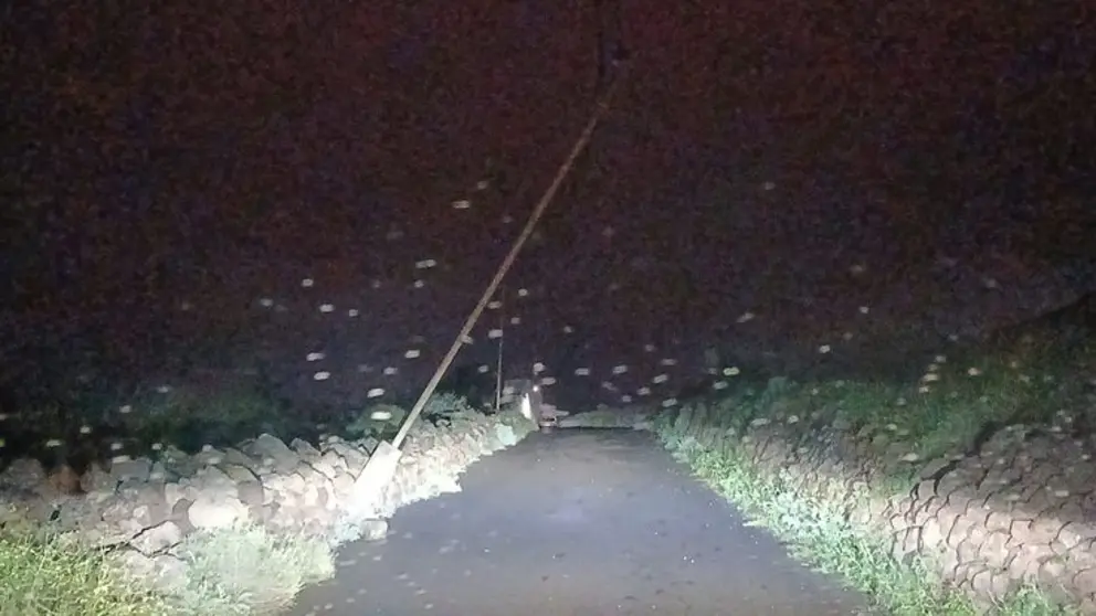 Imagen de un poste de la luz arrancado por el viento en una carretera de Teguise esta madrugada.