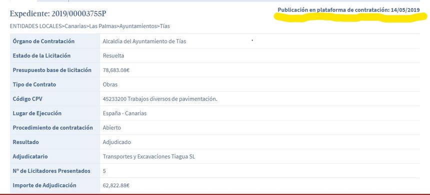 adjudicacion y licitacion obra calle roque nublo y los afrechos