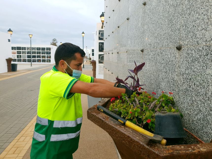 Un operario de Jardines de Arrecife ultima el embellecimiento de las jardineras en el cementerio de Arrecife