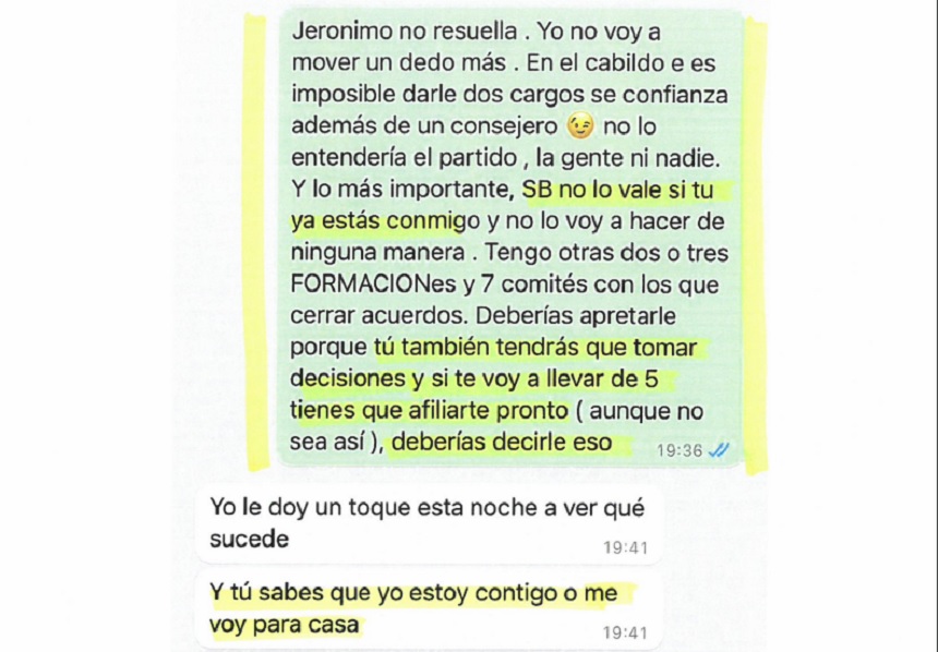 Mensaje en el que San Ginés habla de lo difícil que resulta negociar con San Borondón y Sosa le deja claro que o va con CC o se va a su casa.