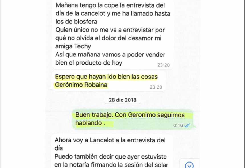 Imagen del mensaje en el que habla de su presencia en los medios y en el que pregunta por la negociación con Jerónimo Robayna.