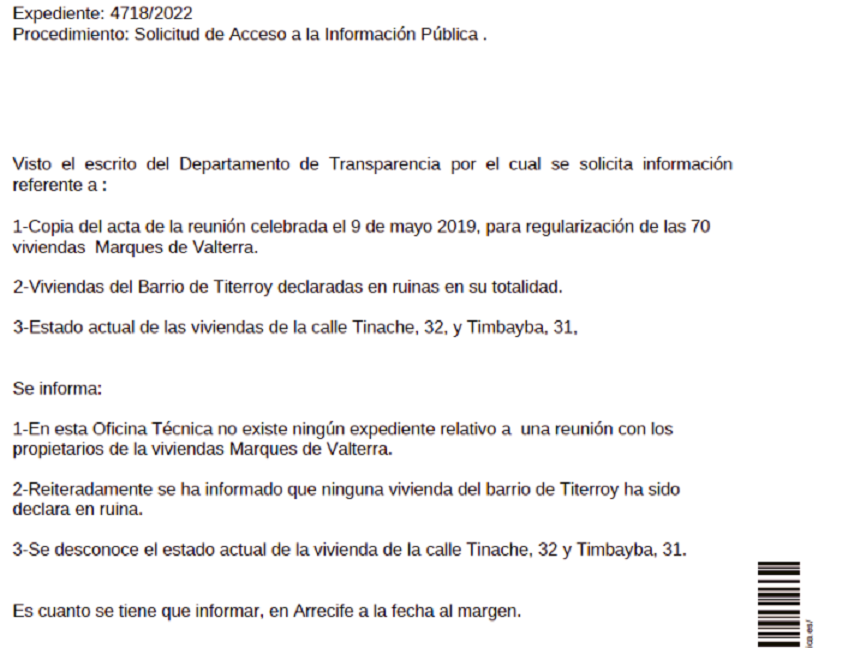 Imagen del documento de contestación del Ayuntamiento de Arrecife.