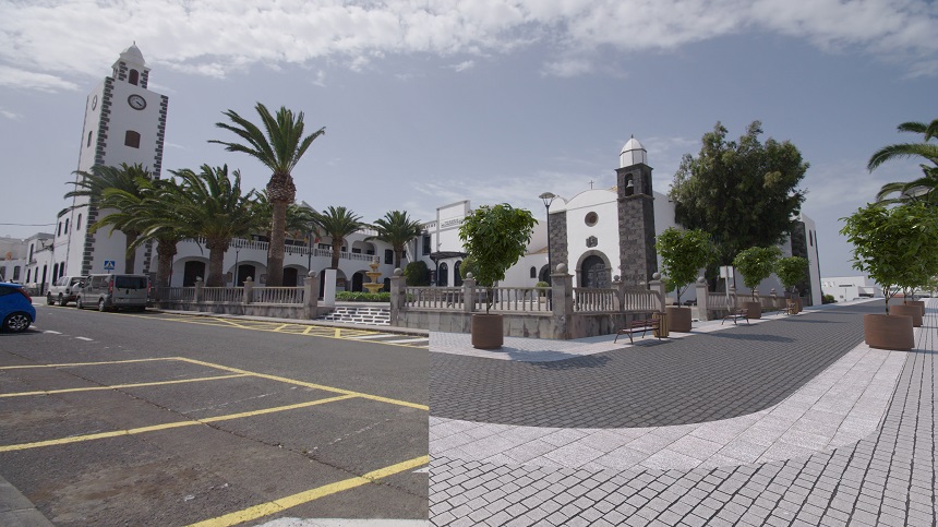 Imagen comparativa del antes y después de la realización de las obras de plaza Leon y Castillo.