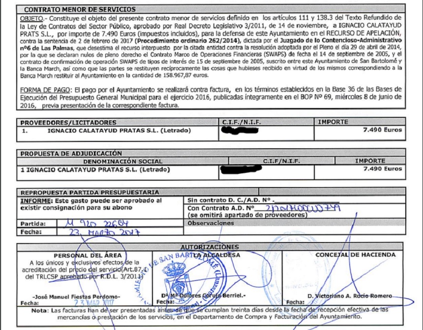 Imagen del conrato de Ignacio Calatayud firmado por María Dolores Corujo que envía Coalición Canaria.