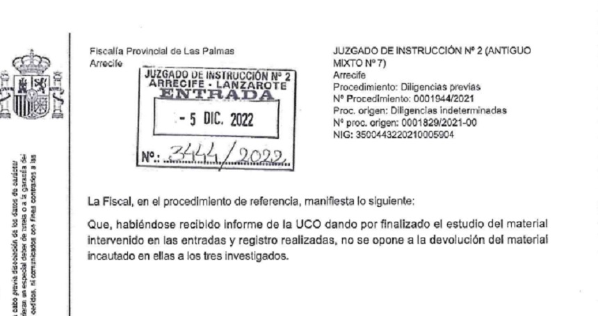 Imagen del registro del escrito de la Fiscalía sobre el asunto.