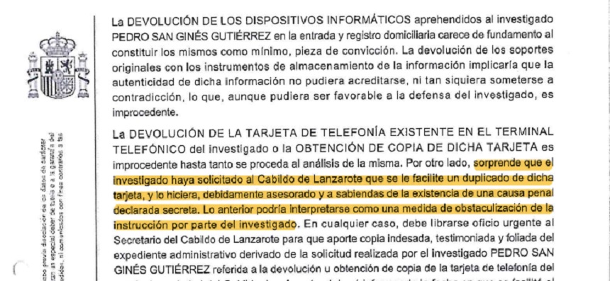 Extracto de la notificación que se realiza al Cabildo.