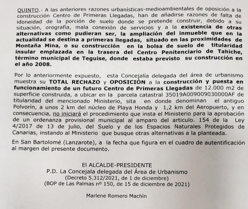 Imagen del documento enviado por San Bartolomé.