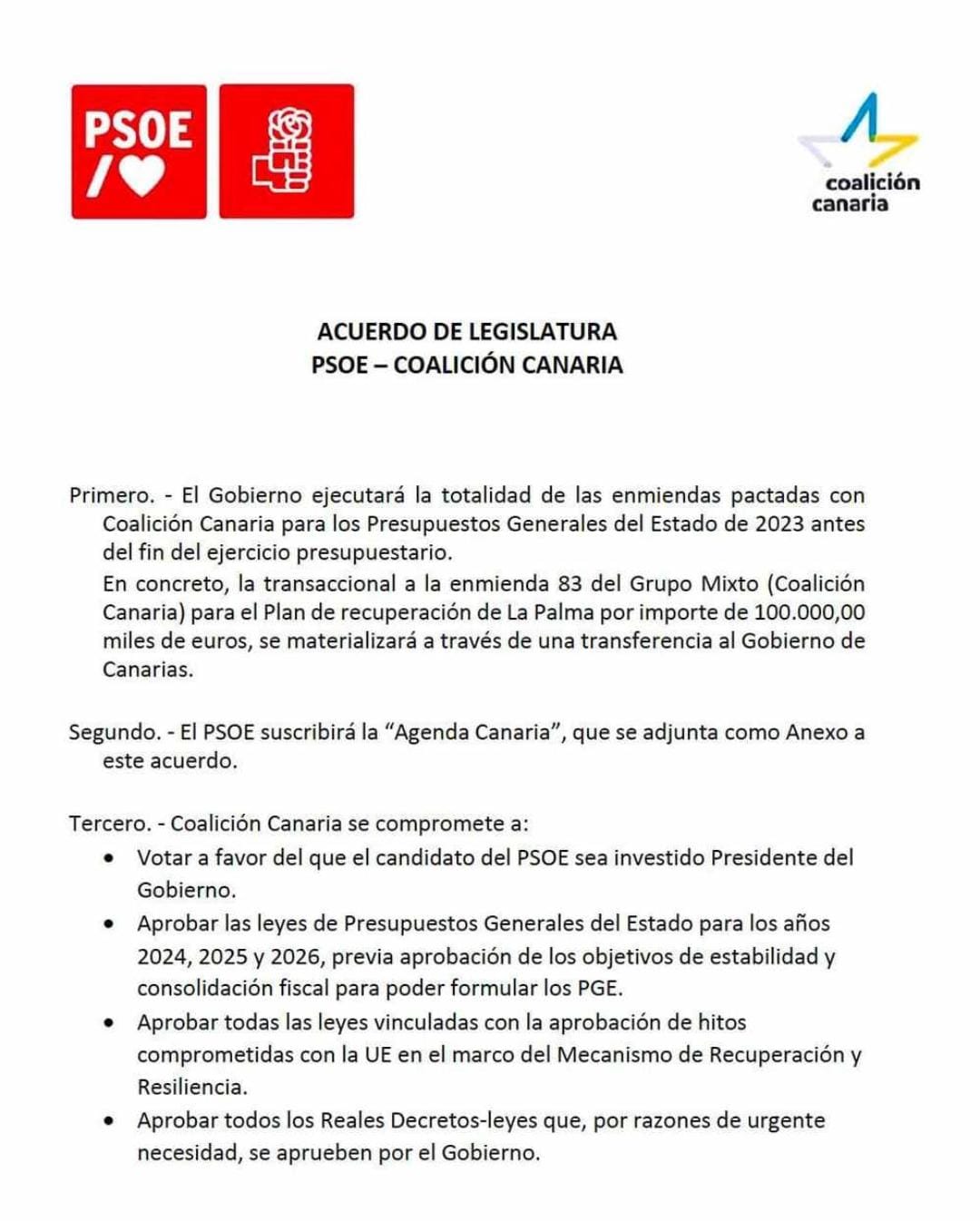 Acuerdo entre el PSOE y CC.