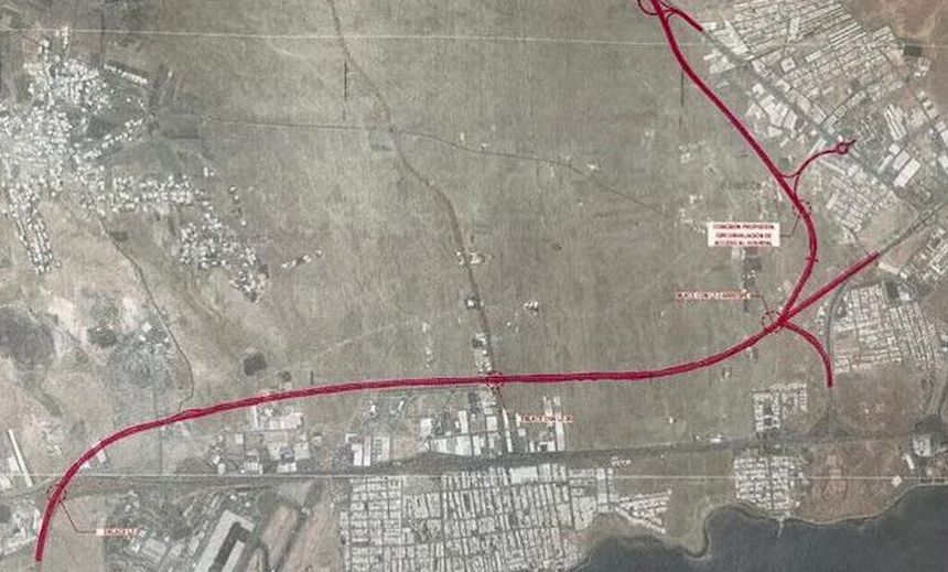 Imagen en rojo del tramo que iría soterrado en Arrecife para evitar el paso por Playa Honda