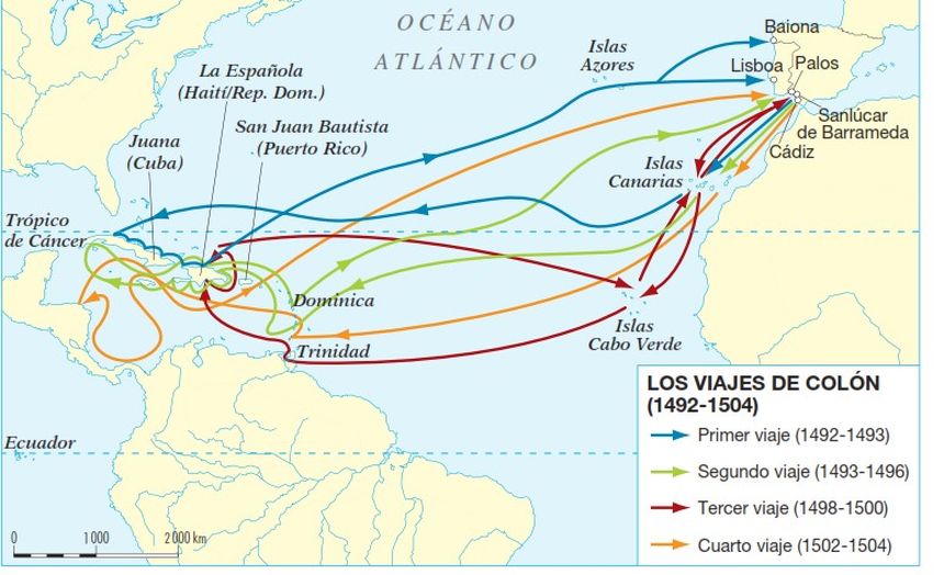 Imagen de los trayectos que realizó Cristóbal Colón.