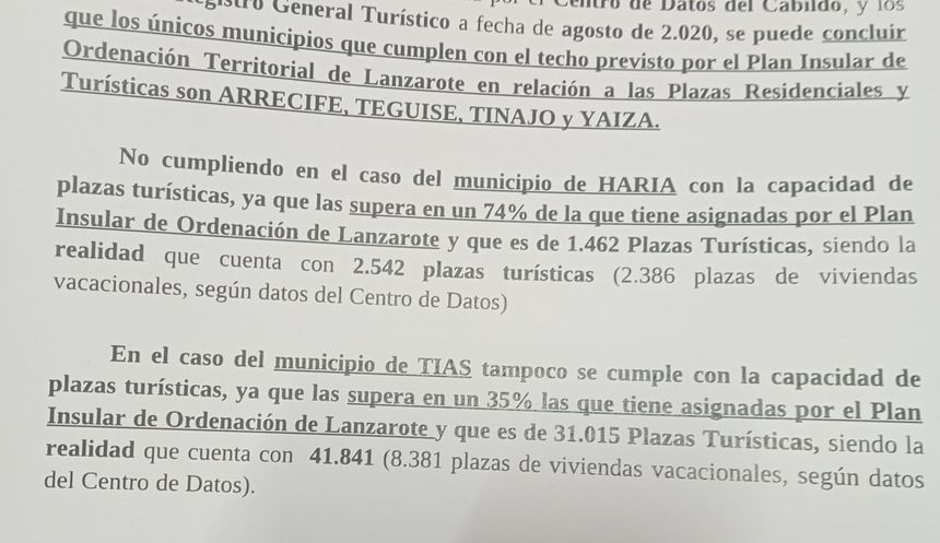 Párrafo del informe en el que hace referencia a la situación de las camas turísticas en Tías