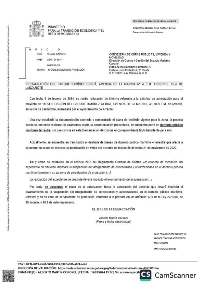 Comunicación del Ministerio donde informa que se paraliza la autorización para restaurar el Parque José Ramírez Cerdá